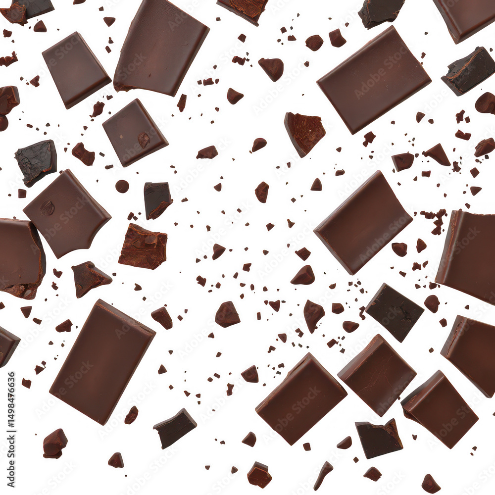 Fototapeta premium Falling dark chocolate pieces isolated on transparent background