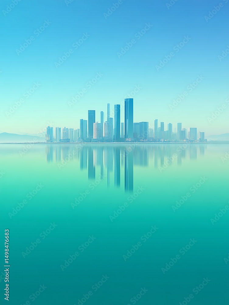 Fototapeta premium Serene City Skyline Reflected in Calm Waters A Stunning Modern Metropolis.