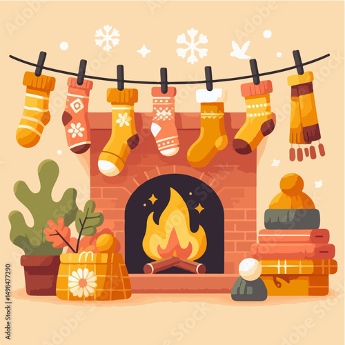 warm yellow socks hanging over the fireplace during Christmas