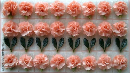 Peach carnations arranged, flatlay, floral design