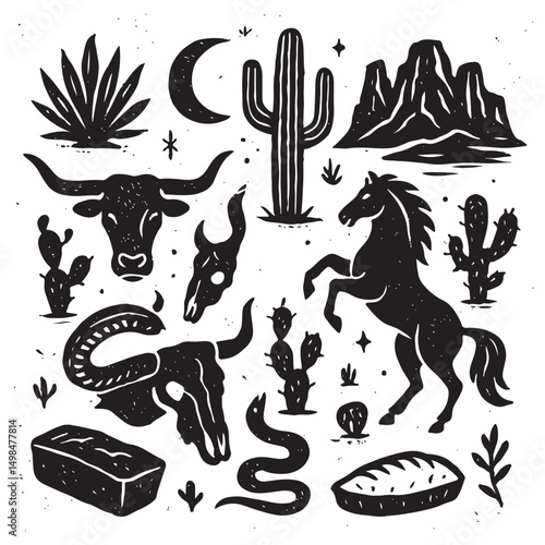 Linocut western boho set vector, Texas desert engraving print collection, vector canyon wildlife, cactus. 
Texture grunge Arizona rodeo graphics, bull, horse, snake, skull silhouette.