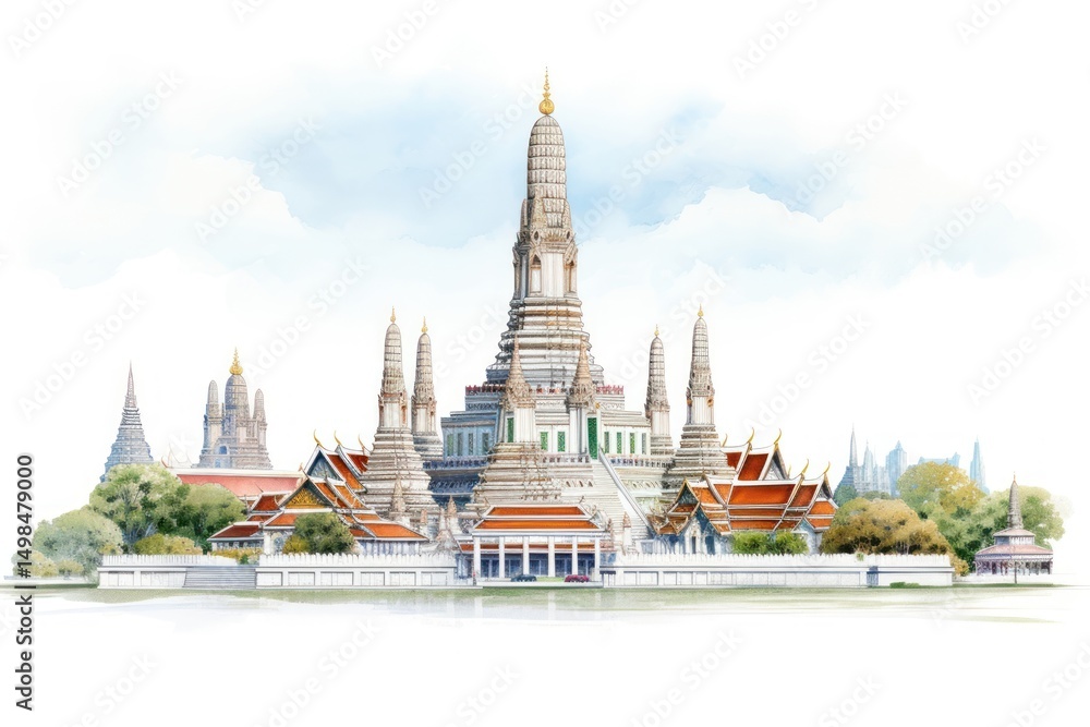 Naklejka premium Architecture illustration of Wat Arun Thailand building outdoors pagoda.