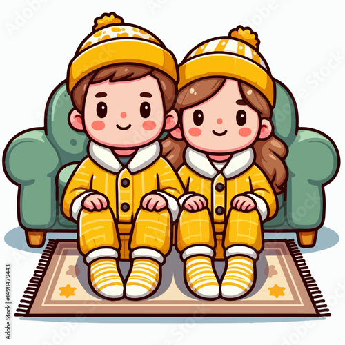 a couple wearing warm yellow clothes is sitting