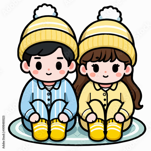 a couple wearing warm yellow clothes is sitting