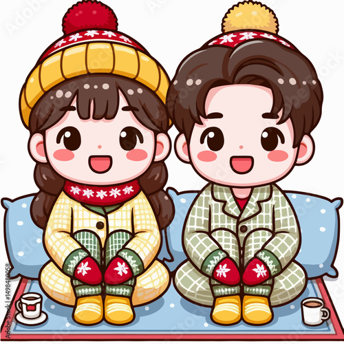 a couple wearing warm yellow clothes is sitting