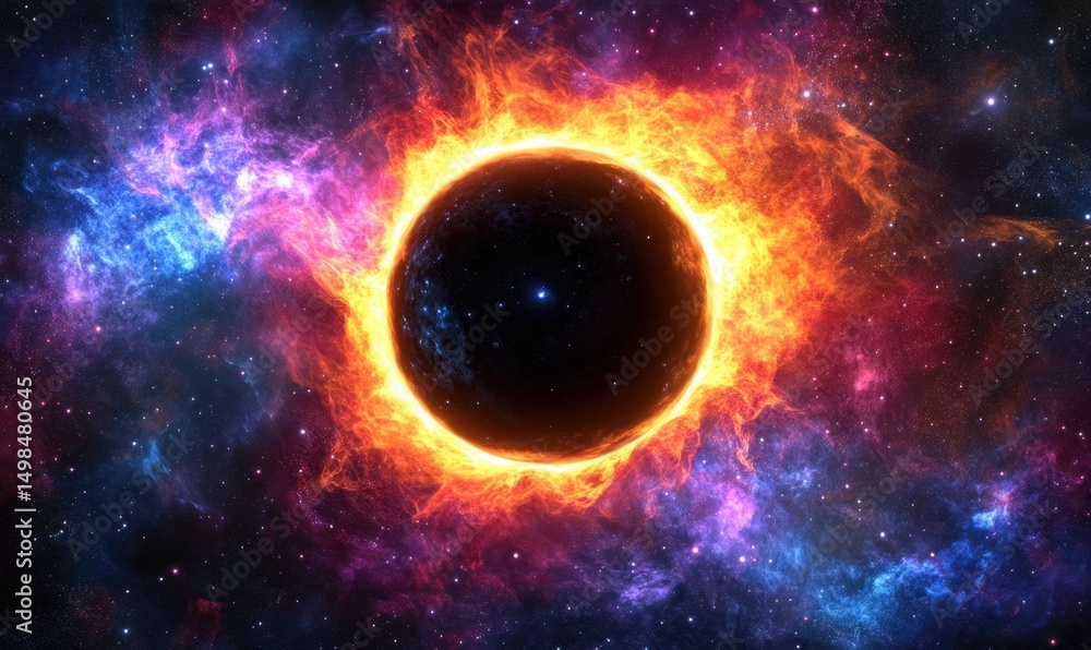 Fototapeta premium Fiery planet engulfed in nebula, cosmic background, space exploration