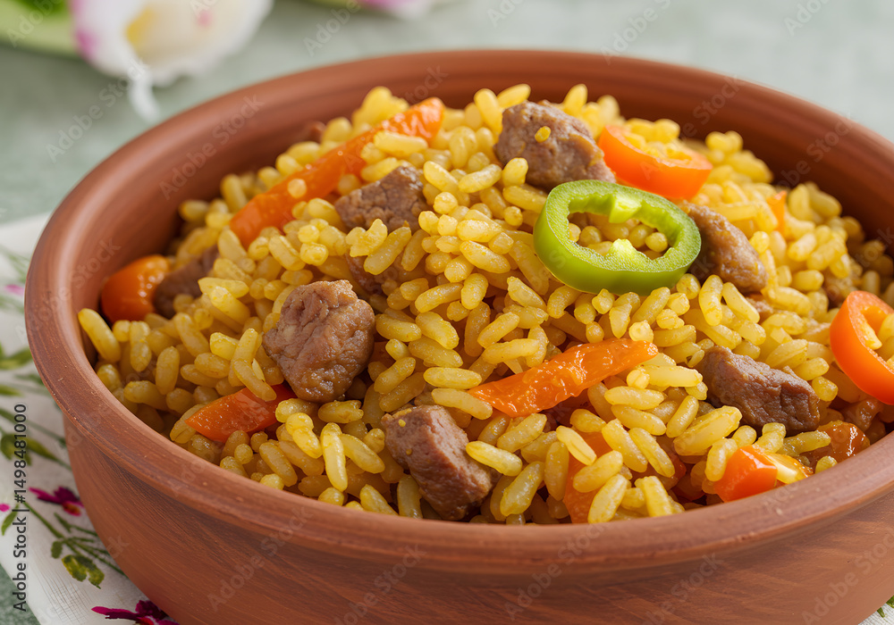 Fototapeta premium Colorful rice dish with meat and vegetables