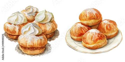 profiteroles watercolor vector illustration