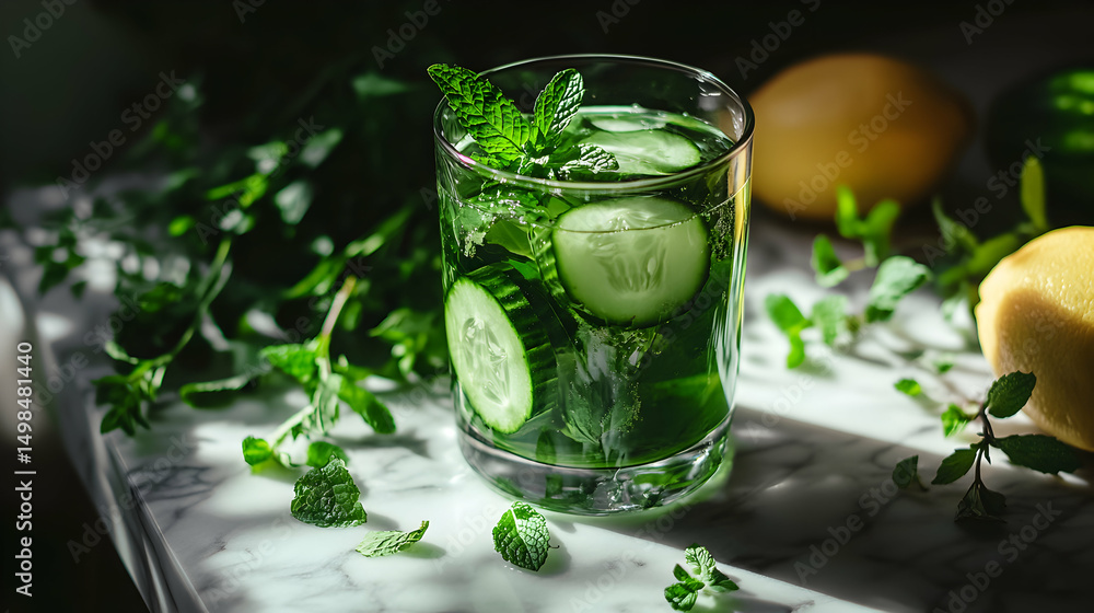 Fototapeta premium Refreshing cucumber and mint infused water in a glass, garnished with fresh mint sprigs, on a marble surface. Perfect for summer.