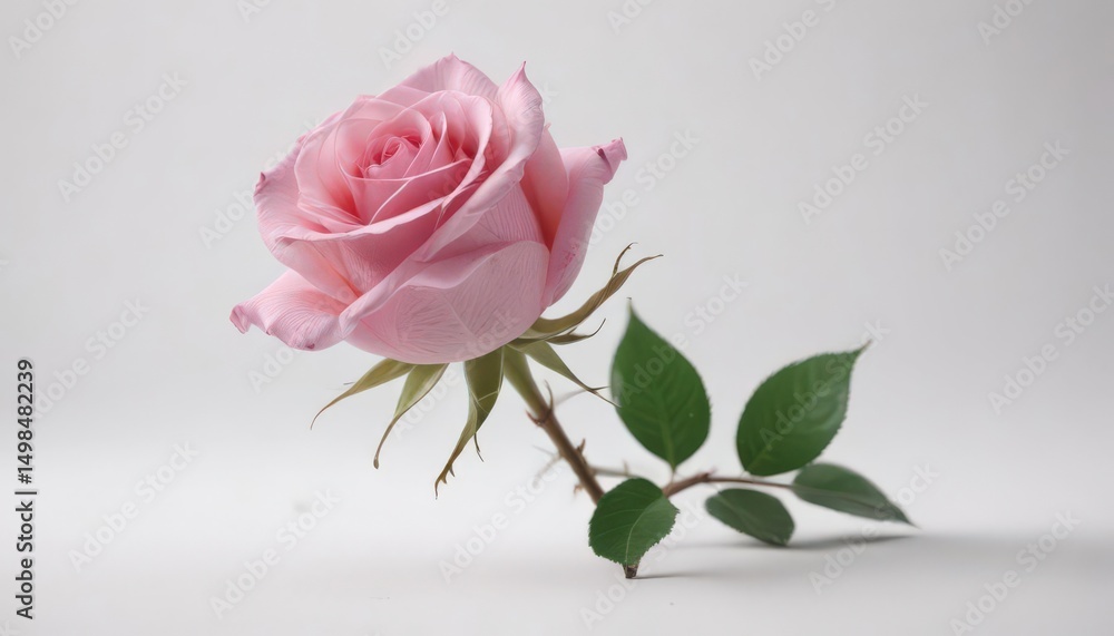 Fototapeta premium Single pink rose, stark white background, soft focus, floral, wallpaper