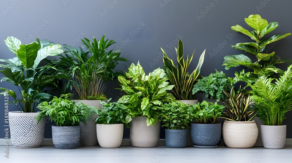 Variety of houseplants in decorative pots against a dark wall. Variety of houseplants in decorative pots against a dark wall.