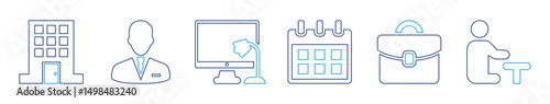Office icon collection in line style including building, employee, monitor, desk lamp, calendar, briefcase, and seated worker