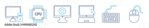 Computer icon collection in line style featuring monitor, CPU, settings, laptop, keyboard, and mouse for digital device interface