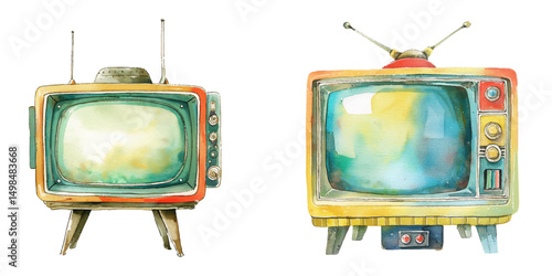 retro tv watercolor vector illustration