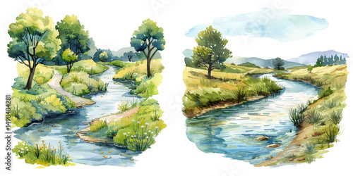 Obraz na plátně riverscape watercolor vector illustration