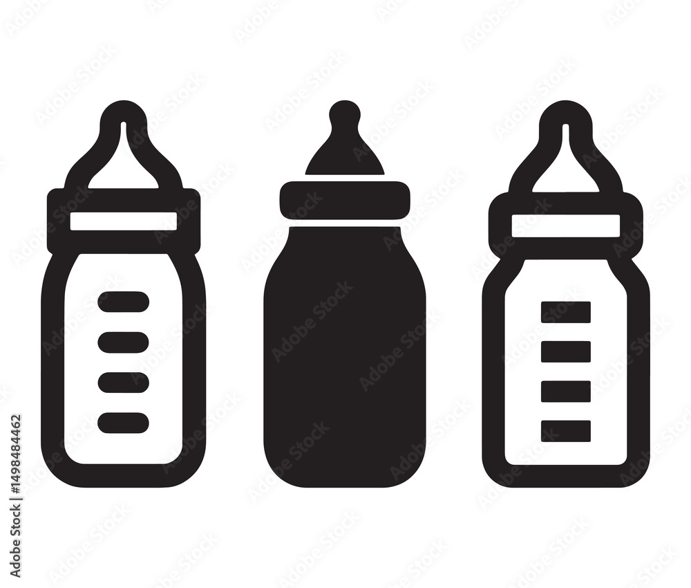 Set of black and white vector illustration of feeding bottles silhouette. Black and white baby milk bottles. Set of black and white vector illustration of feeding bottles silhouette. Black and white baby milk bottles.