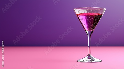 Pink cocktail in a martini glass on a pink surface against a purple background. The image features a low poly or pixel art style.  The drink appears bubbly and translucent.