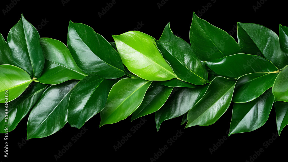 Fototapeta premium Lush green leaves arranged in beautiful pattern on black background, showcasing nature beauty