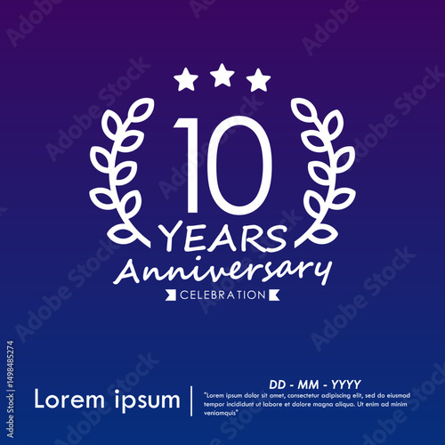10th years anniversary celebration emblem. congratulations anniversary logo isolated with laurel wreath and stars and ribbon on dark blue background. vector illustration template design