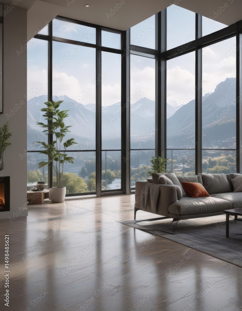 Fototapeta premium Stunning condo, floor-to-ceiling windows showcase breathtaking vista , skyline, sunset