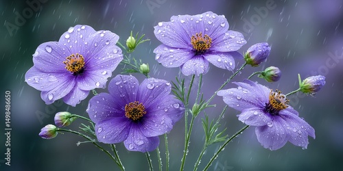a realistic photo of rain-drenched flowers blooming fresh during the monsoon season