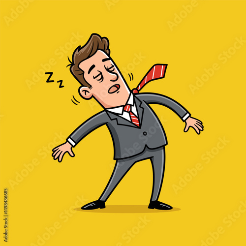 A cartoon businessman in a gray suit and red-striped tie is shown sleepwalking with his eyes closed and mouth slightly open, tilting backward as if he's dozing off.