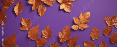 Dry orange metallic leaves, violet backdrop Geometric autumnal design , geometric, hue