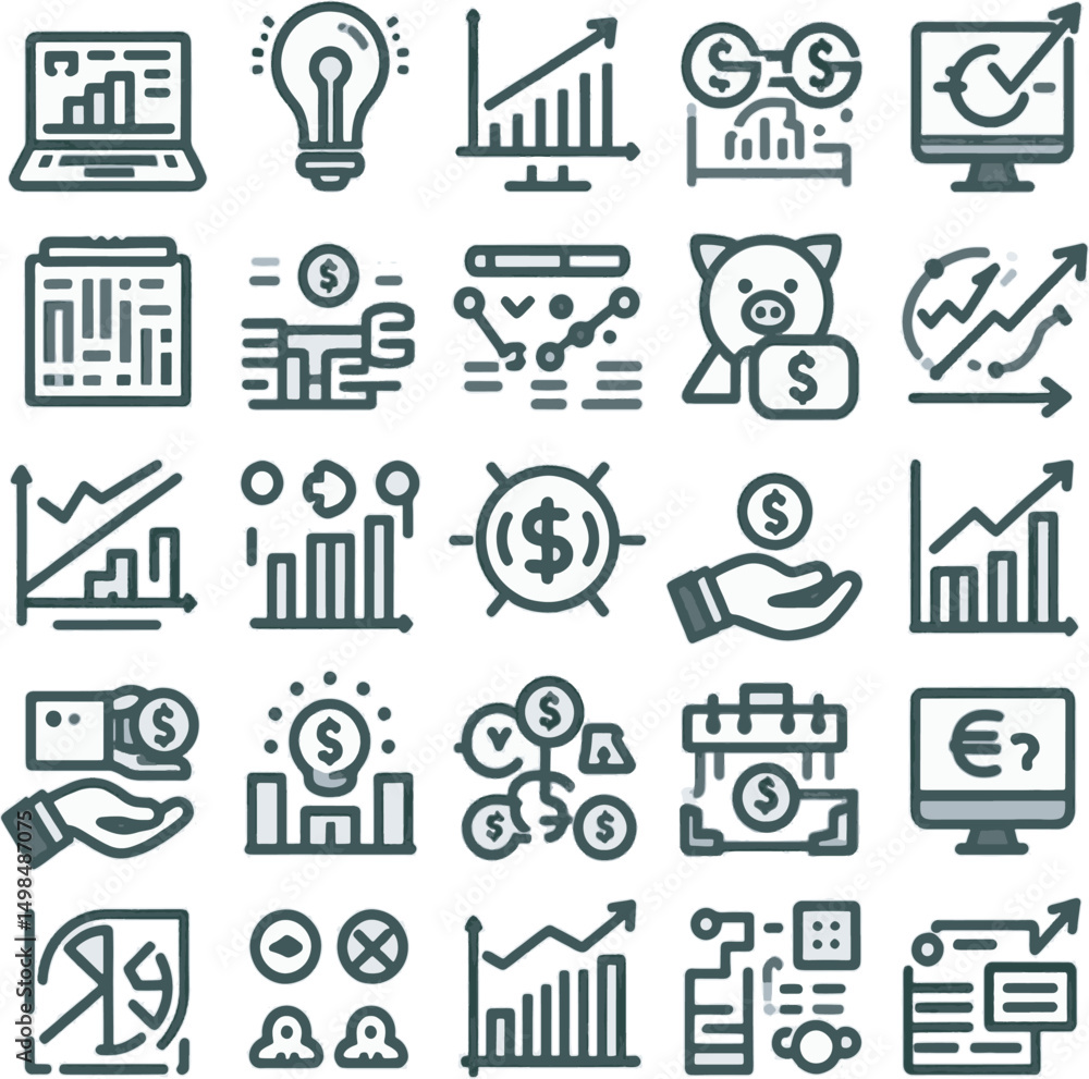 Fototapeta premium Business and Finance Icons Set - Data Analytics, Money Growth, Investment, and Digital Marketing Symbols