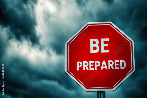 Red 'Be Prepared' sign against a dramatic sky, emergency preparedness, warning sign, caution, safety, alert, preparedness concept.

