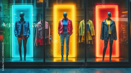 Vibrant neon fashion display mannequins showcasing jackets in store window