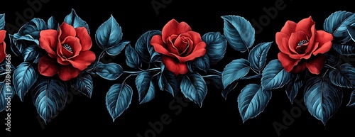 Red roses, dark leaves, floral border