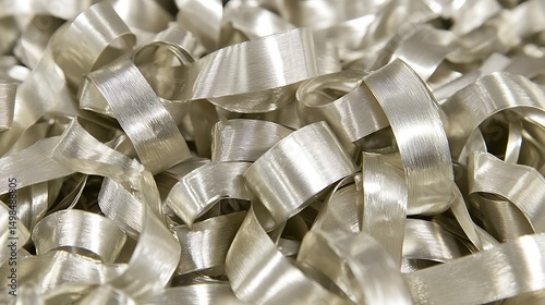 Abstract metal ribbon cascade in silver tones and industrial precision