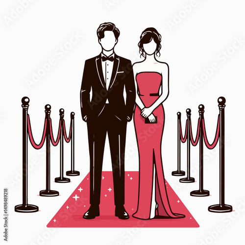 A couple is wearing formal clothes on the red carpet.