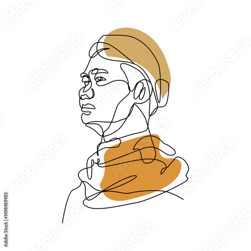 Minimalist single-line drawing of a person's profile with abstract ochre shapes.