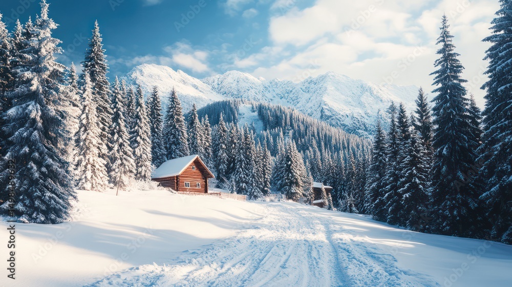 Fototapeta premium Snowy mountain landscape with rustic cabin nestled in evergreen forest.