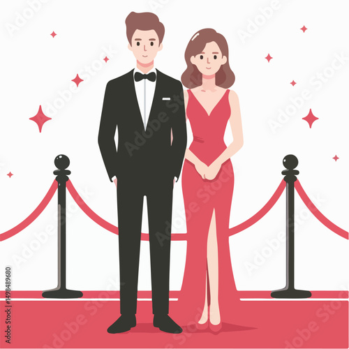 A couple is wearing formal clothes on the red carpet.