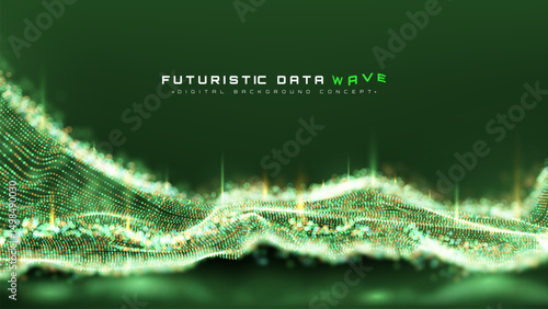 Futuristic technology background with green glowing particles and golden neon dots, vector illustration.