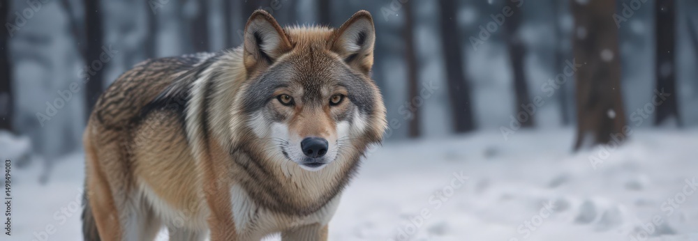 Fototapeta premium A lone Eurasian wolf in deep snow, intense gaze , frozen, intense, close up