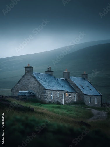 Stone Cottage on a Misty Highland Moorland. A serene landscape photograph of a traditional stone house nestled in the Scottish Highlands.