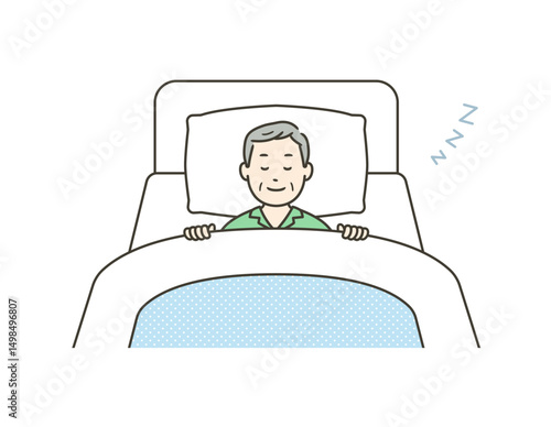 ベッドで笑顔で安眠するパジャマ姿の高齢男性のイラスト