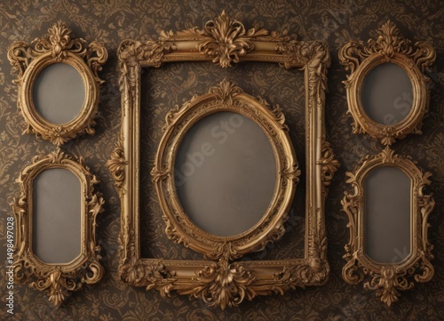 Ornate frames of various shapes against a rich damask pattern, texture, antique, frame collection