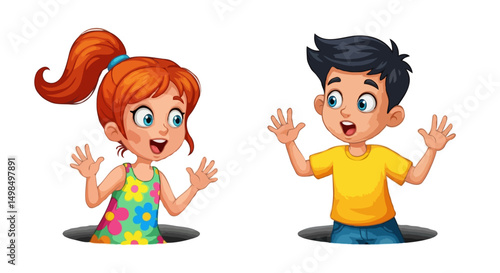  Cartoon amazed teenage boy and surprised young girl peeking through hole, isolated on white background, vector art