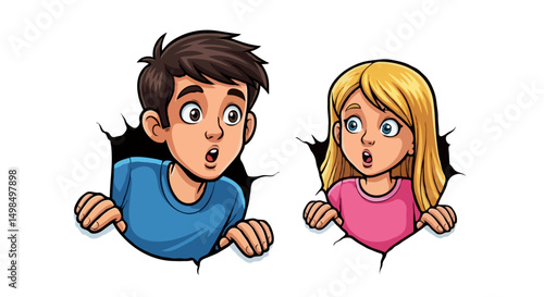 Surprised cartoon teens peeking from hidden hole, shocked expressions and curious faces, vector 