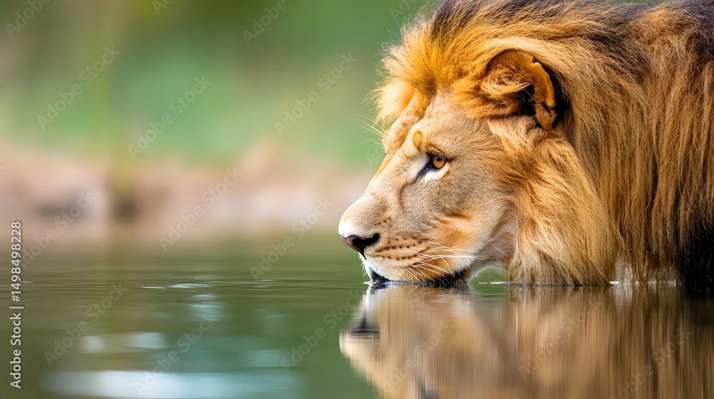 Fototapeta premium Lion gazing at its reflection in calm waters