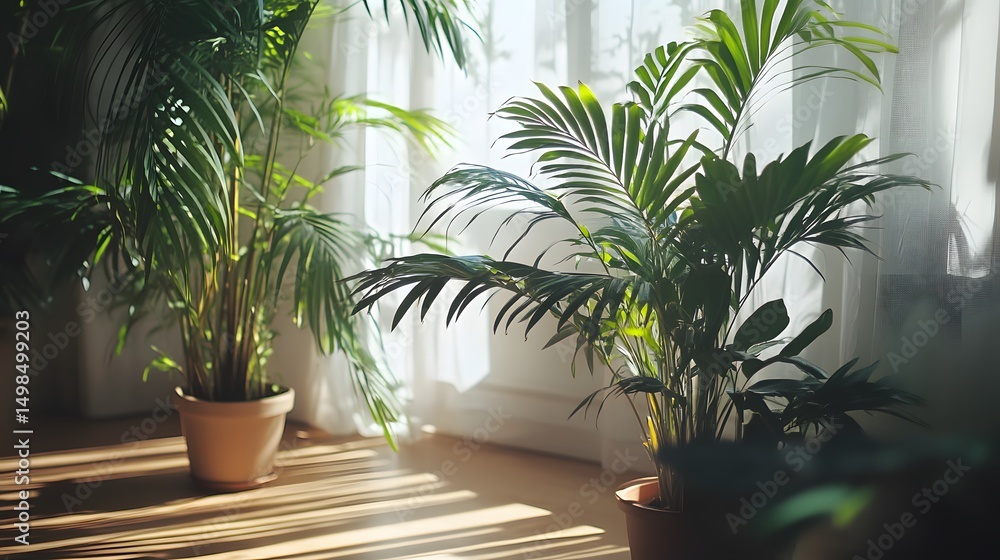 Fototapeta premium Sunlight streams through a window onto indoor houseplants.