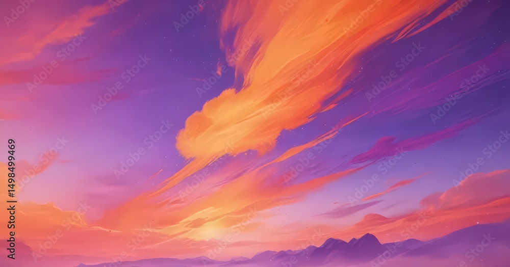 Fototapeta premium Fluid orange purple watercolor sky, abstract art background, gradient, vibrant