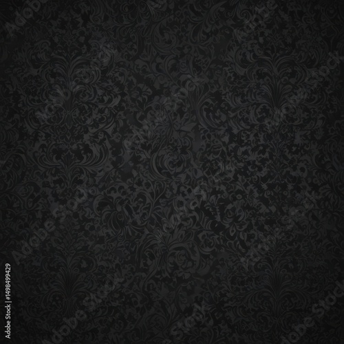 Black gothic damask wallpaper, swirling floral pattern , seamless, intricate