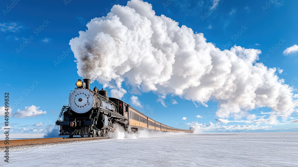 Obraz premium Old steam locomotive billowing smoke against blue sky, creating nostalgic atmosphere