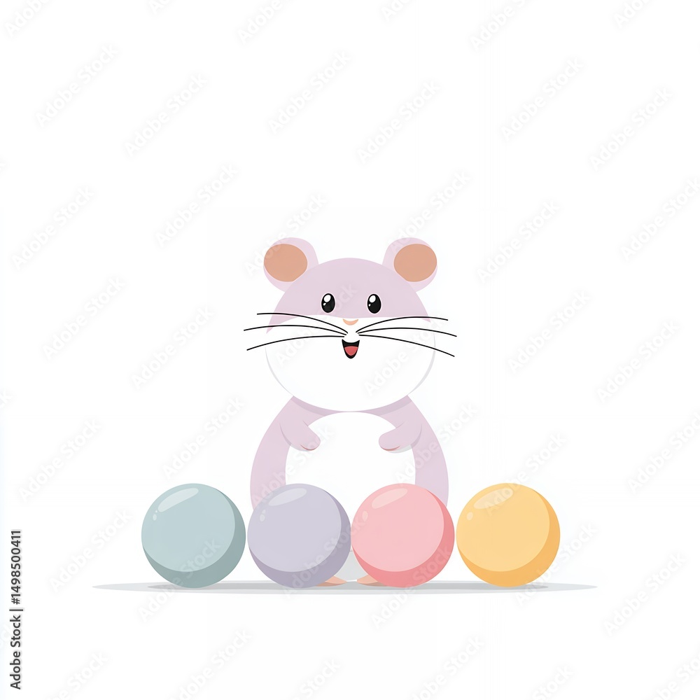 Cute Cartoon Hamster with Pastel Balls on White Background Cute Cartoon Hamster with Pastel Balls on White Background