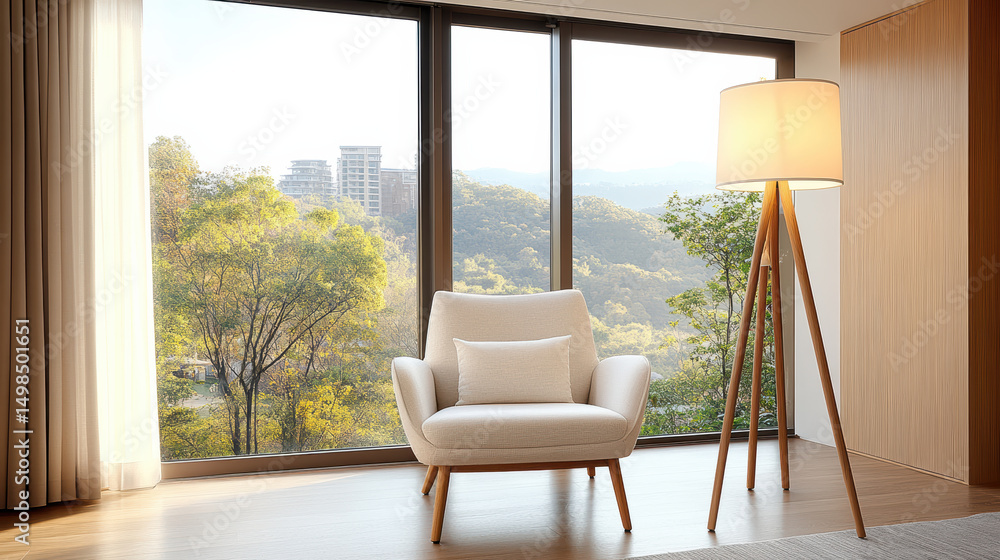 Fototapeta premium Cozy armchair with floor lamp in bright room, overlooking serene landscape